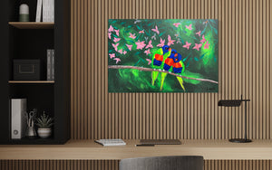 The Three Lorikeets (61 cm x 91 cm)Textured Abstract Painting by Joanne Daniel