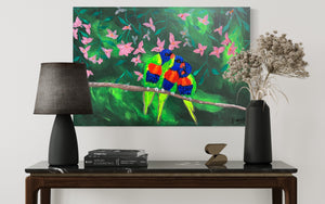 The Three Lorikeets (61 cm x 91 cm)Textured Abstract Painting by Joanne Daniel