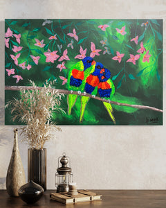 The Three Lorikeets (61 cm x 91 cm)Textured Abstract Painting by Joanne Daniel