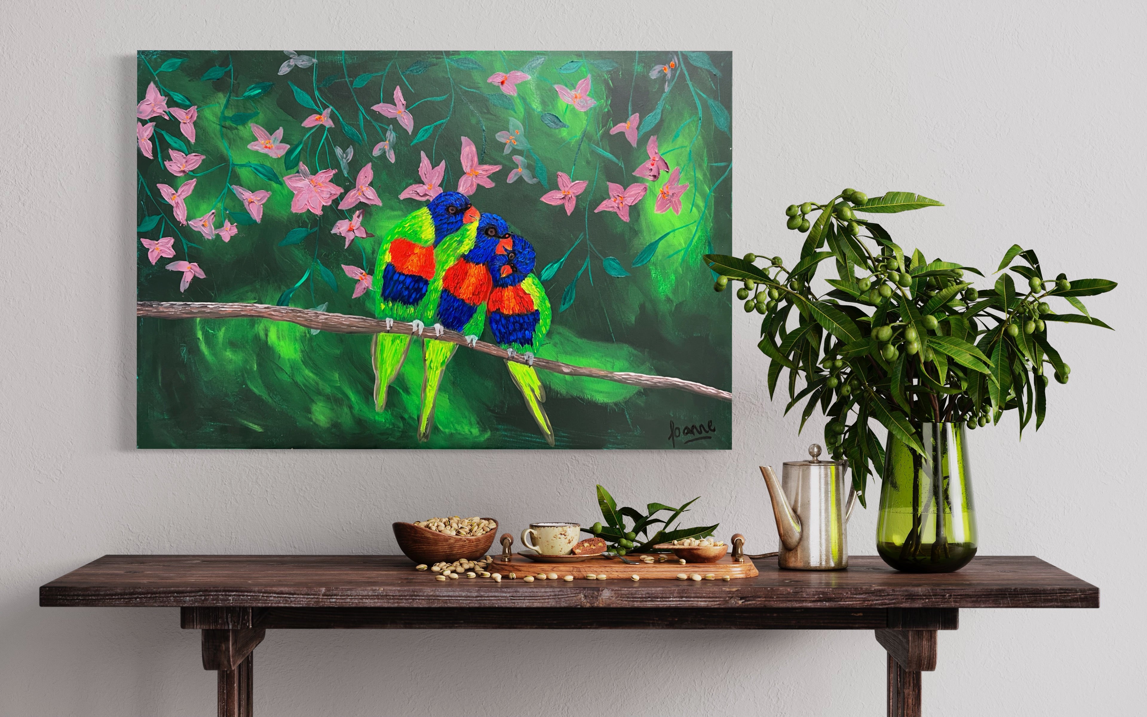 The Three Lorikeets (61 cm x 91 cm)Textured Abstract Painting by Joanne Daniel