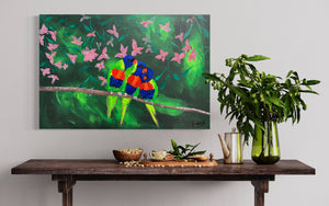 The Three Lorikeets (61 cm x 91 cm)Textured Abstract Painting by Joanne Daniel