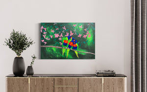 The Three Lorikeets (61 cm x 91 cm)Textured Abstract Painting by Joanne Daniel