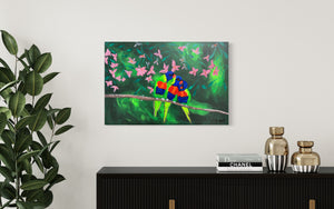 The Three Lorikeets (61 cm x 91 cm)Textured Abstract Painting by Joanne Daniel