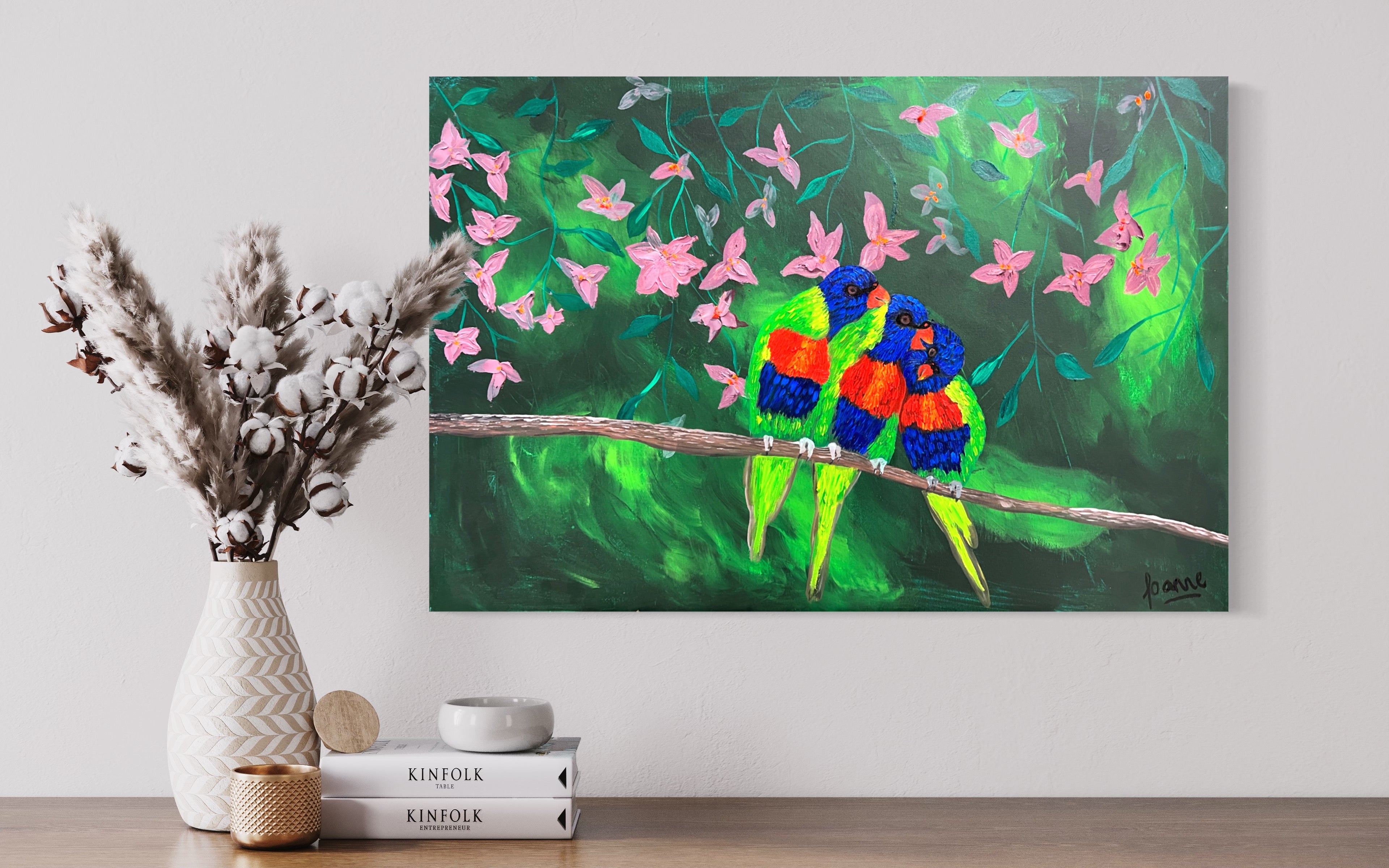 The Three Lorikeets (61 cm x 91 cm)Textured Abstract Painting by Joanne Daniel