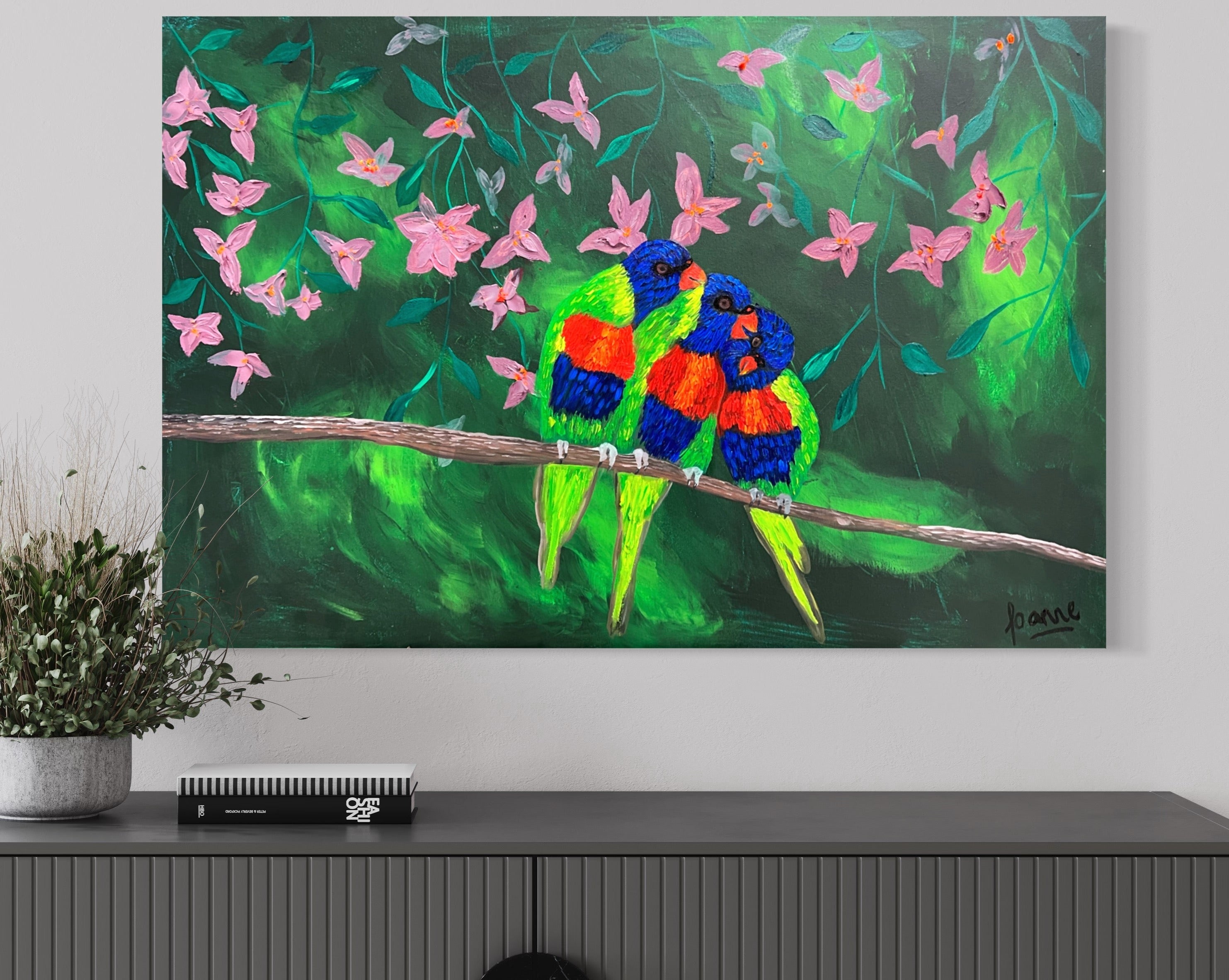The Three Lorikeets (61 cm x 91 cm)Textured Abstract Painting by Joanne Daniel