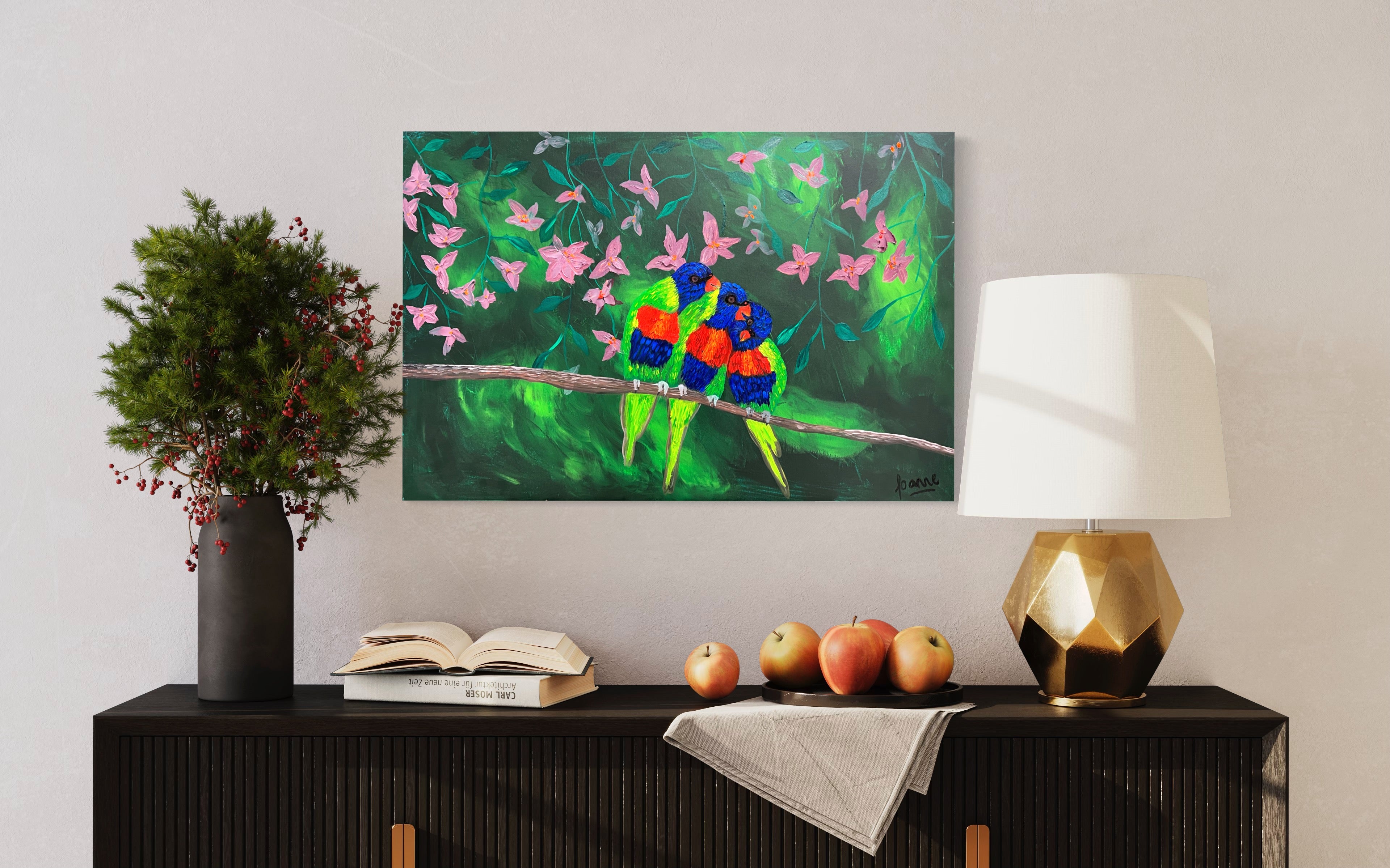 The Three Lorikeets (61 cm x 91 cm)Textured Abstract Painting by Joanne Daniel