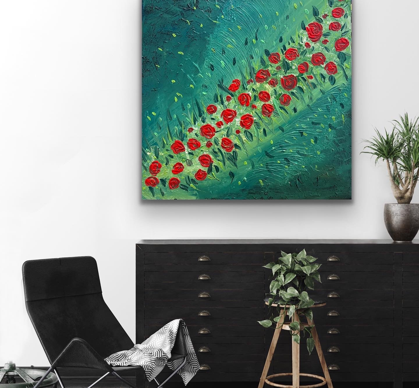 Red Rose Field 91 cm x 91 cm Red Green Textured Abstract Painting by Joanne Daniel