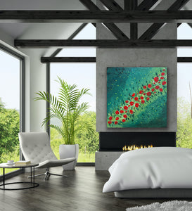 Red Rose Field 91 cm x 91 cm Red Green Textured Abstract Painting by Joanne Daniel