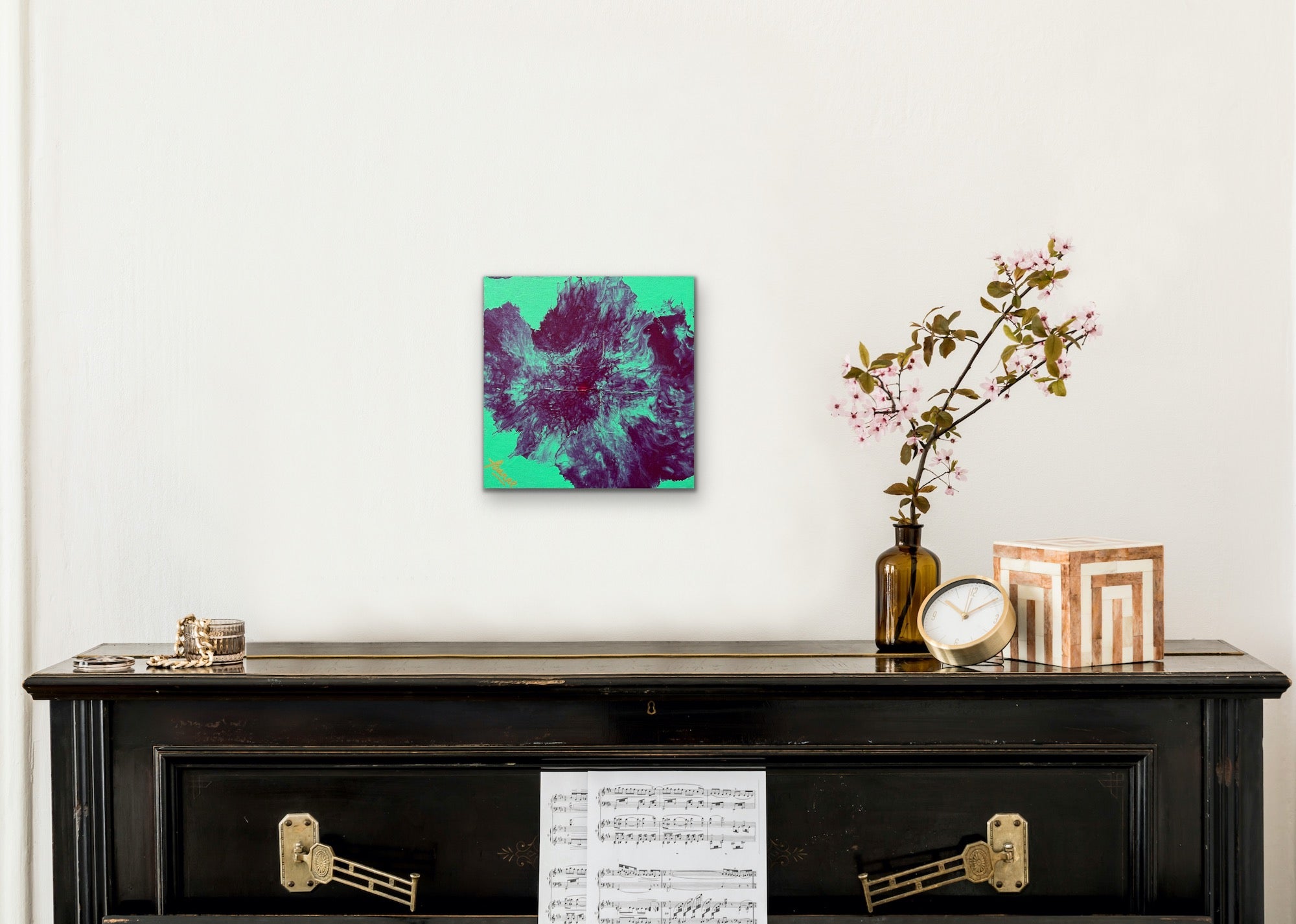 Misty Neon Galaxy No.1 (30 cm x 30 cm) Purple Aqua Abstract Painting by Joanne Daniel