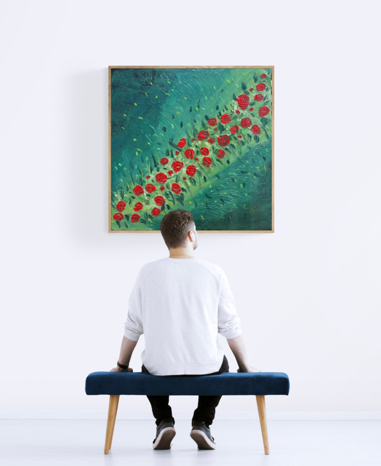 Red Rose Field 91 cm x 91 cm Red Green Textured Abstract Painting by Joanne Daniel