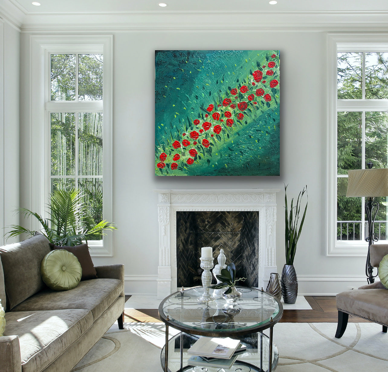 Red Rose Field 91 cm x 91 cm Red Green Textured Abstract Painting by Joanne Daniel