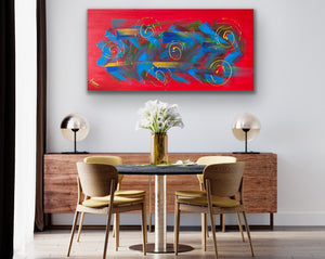 Blooming Lantana 61cm x 122cm Red Blue Gold Textured Abstract Painting