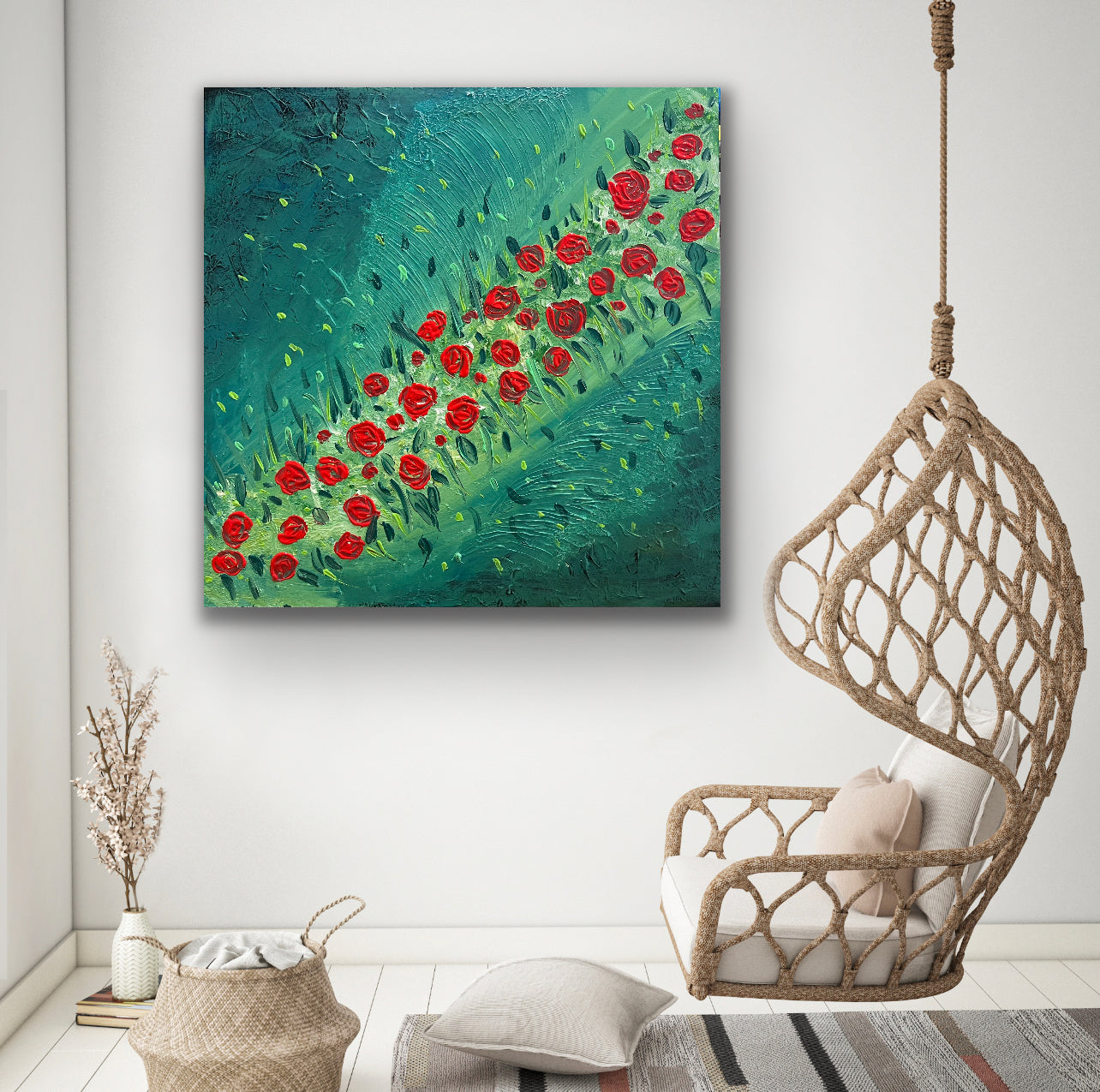 Red Rose Field 91 cm x 91 cm Red Green Textured Abstract Painting by Joanne Daniel