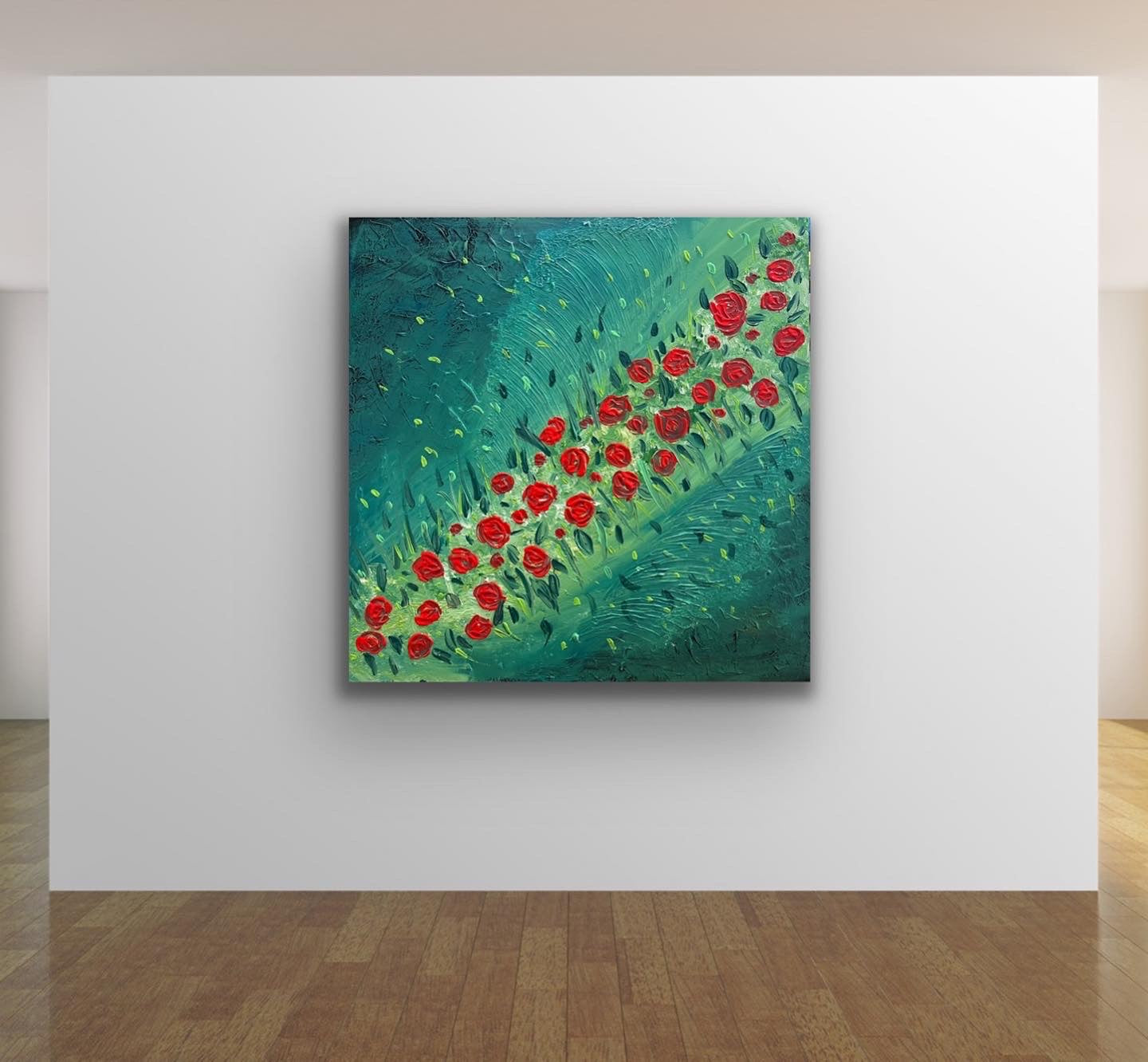 Red Rose Field 91 cm x 91 cm Red Green Textured Abstract Painting by Joanne Daniel