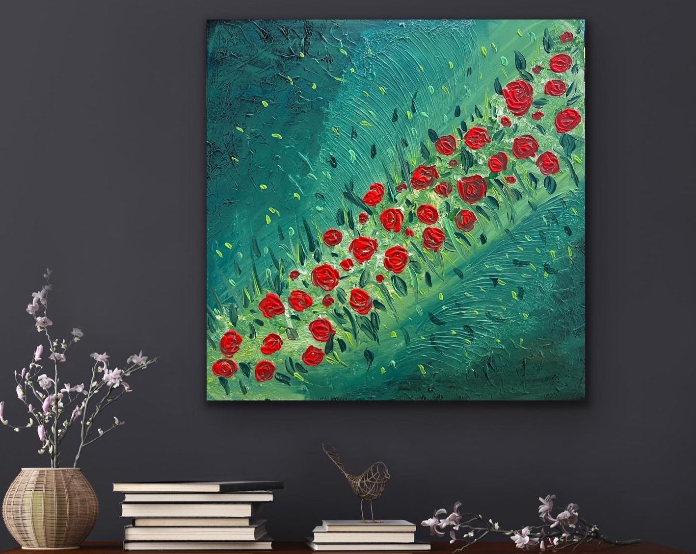 Red Rose Field 91 cm x 91 cm Red Green Textured Abstract Painting by Joanne Daniel