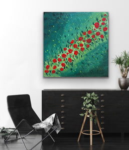 Red Rose Field 91 cm x 91 cm Red Green Textured Abstract Painting by Joanne Daniel