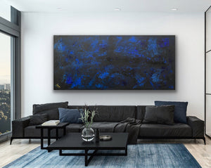 Midnight Sky 91 cm x 183 cm Blue Black Textured Abstract Painting by Joanne Daniel