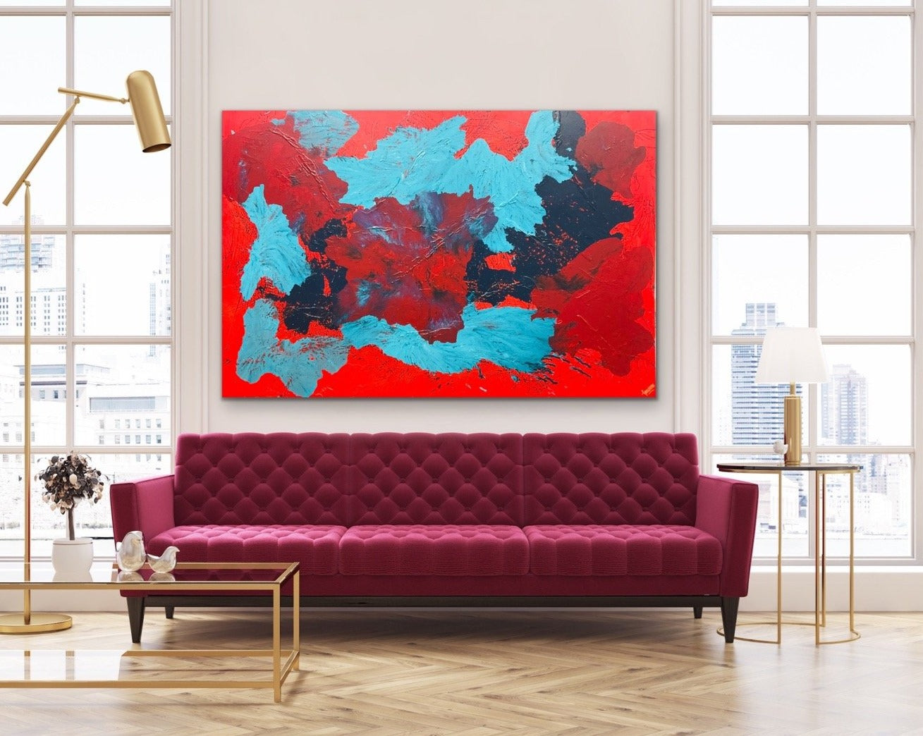 Red Carnations Burst 121.8 cm x 182.8 cm Red Blue Textured Abstract Painting