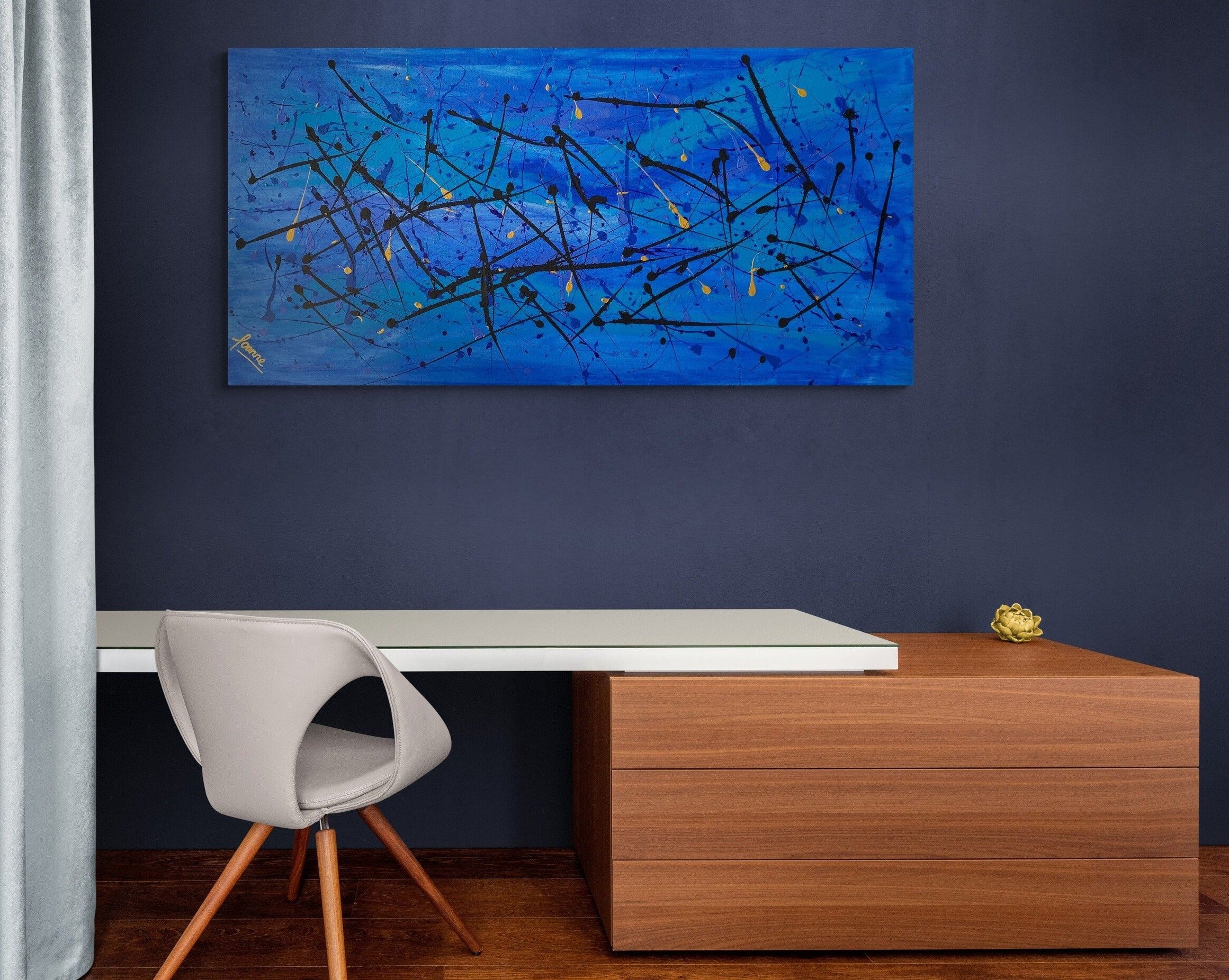 Vibrant Coral Sea 61cm x 122 cm blue Gold Black Textured Abstract Painting
