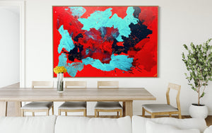 Red Carnations Burst 121.8 cm x 182.8 cm Red Blue Textured Abstract Painting