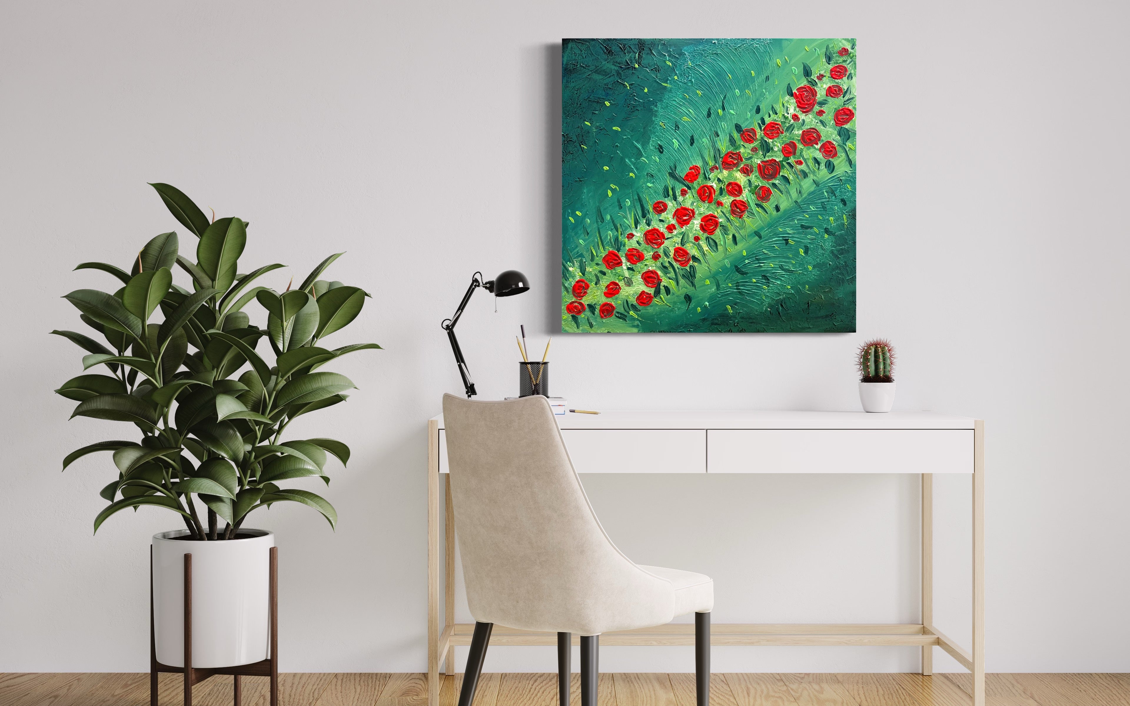 Red Rose Field 91 cm x 91 cm Red Green Textured Abstract Painting by Joanne Daniel