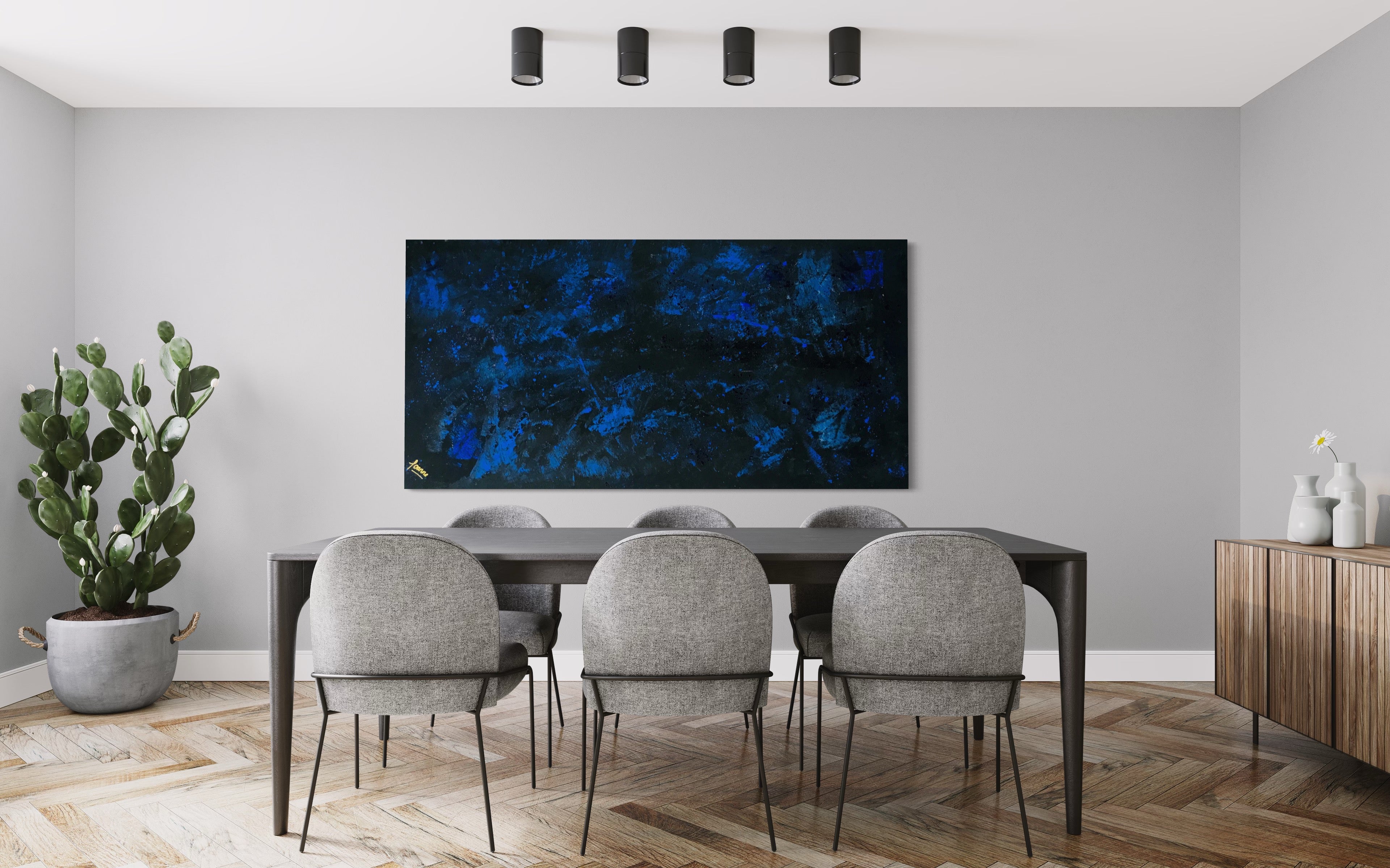 Midnight Sky 91 cm x 183 cm Blue Black Textured Abstract Painting by Joanne Daniel