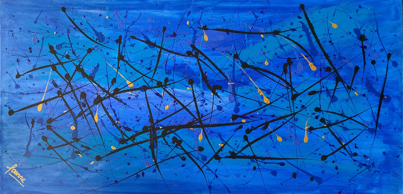 Vibrant Coral Sea 61cm x 122 cm blue Gold Black Textured Abstract Painting