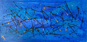 Vibrant Coral Sea 61cm x 122 cm blue Gold Black Textured Abstract Painting
