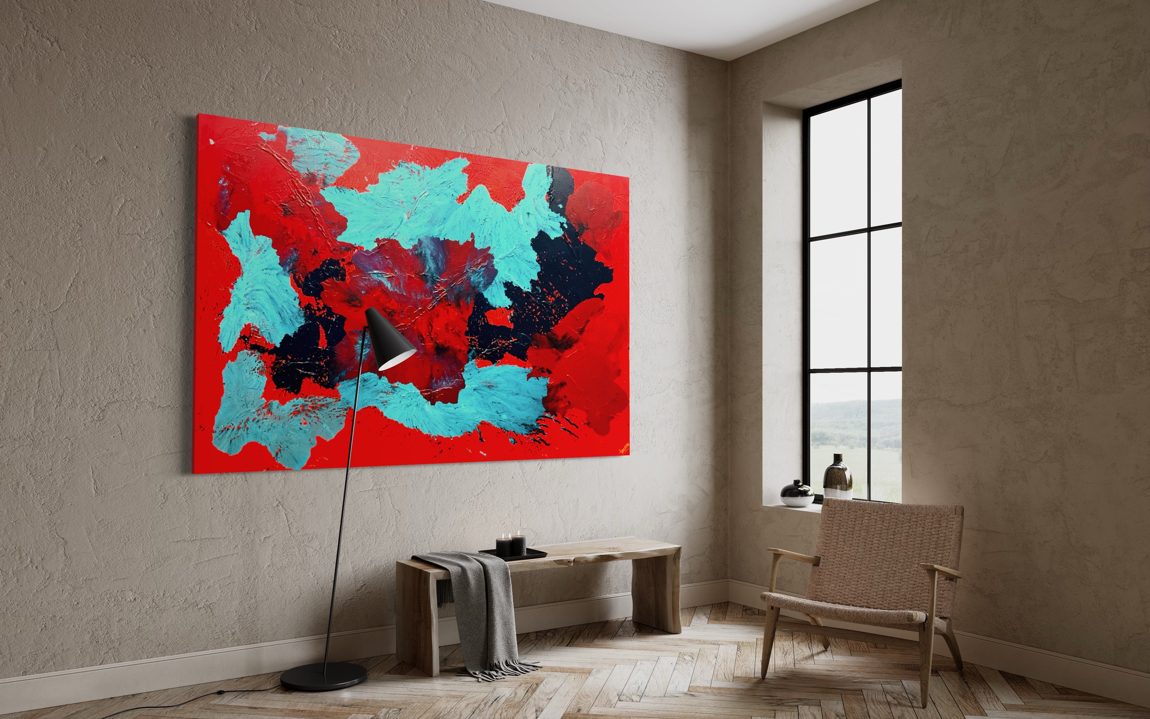 Red Carnations Burst 121.8 cm x 182.8 cm Red Blue Textured Abstract Painting