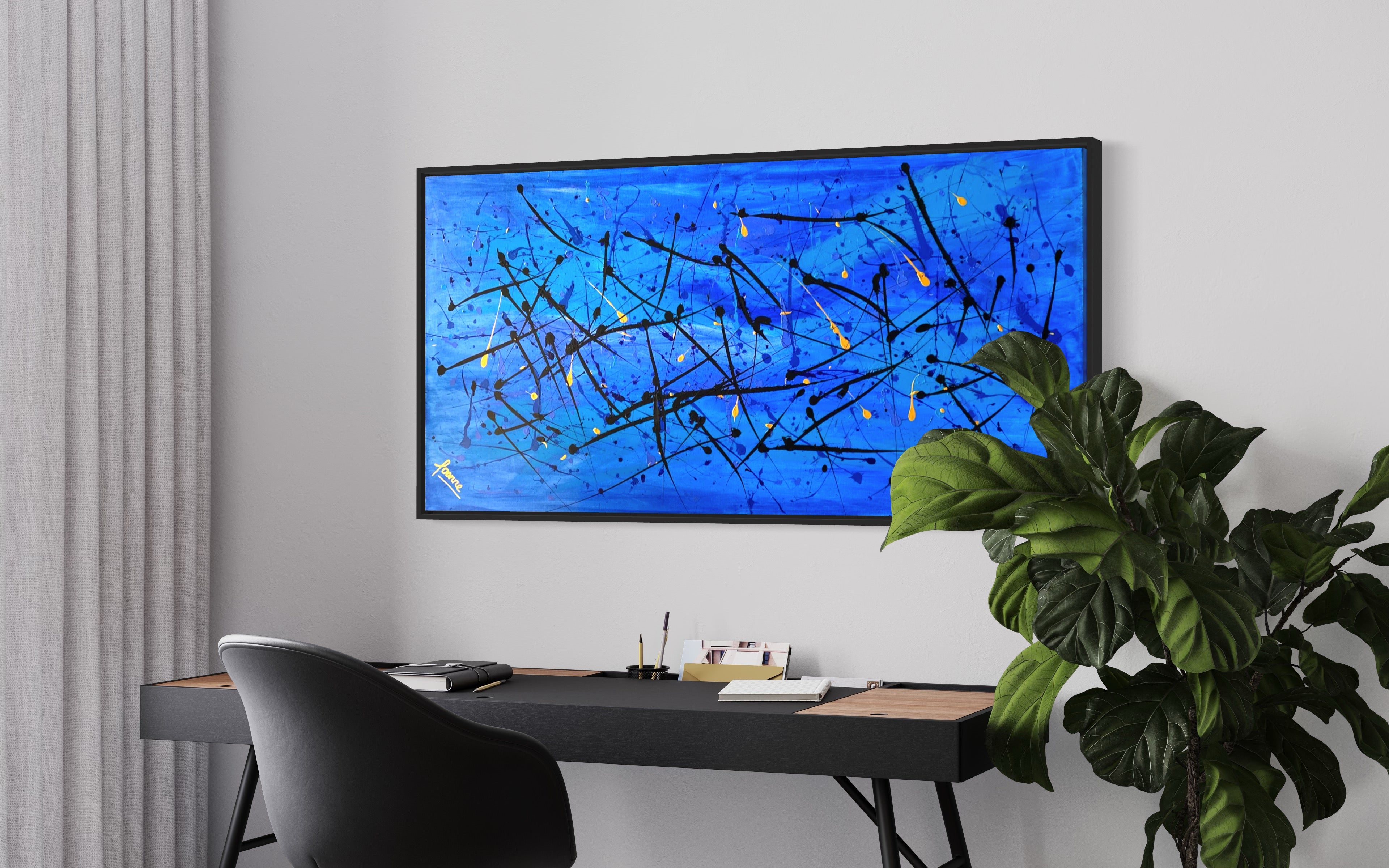 Vibrant Coral Sea 61cm x 122 cm blue Gold Black Textured Abstract Painting