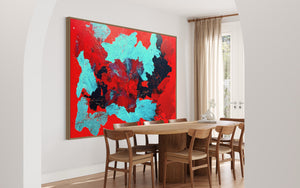 Red Carnations Burst 121.8 cm x 182.8 cm Red Blue Textured Abstract Painting
