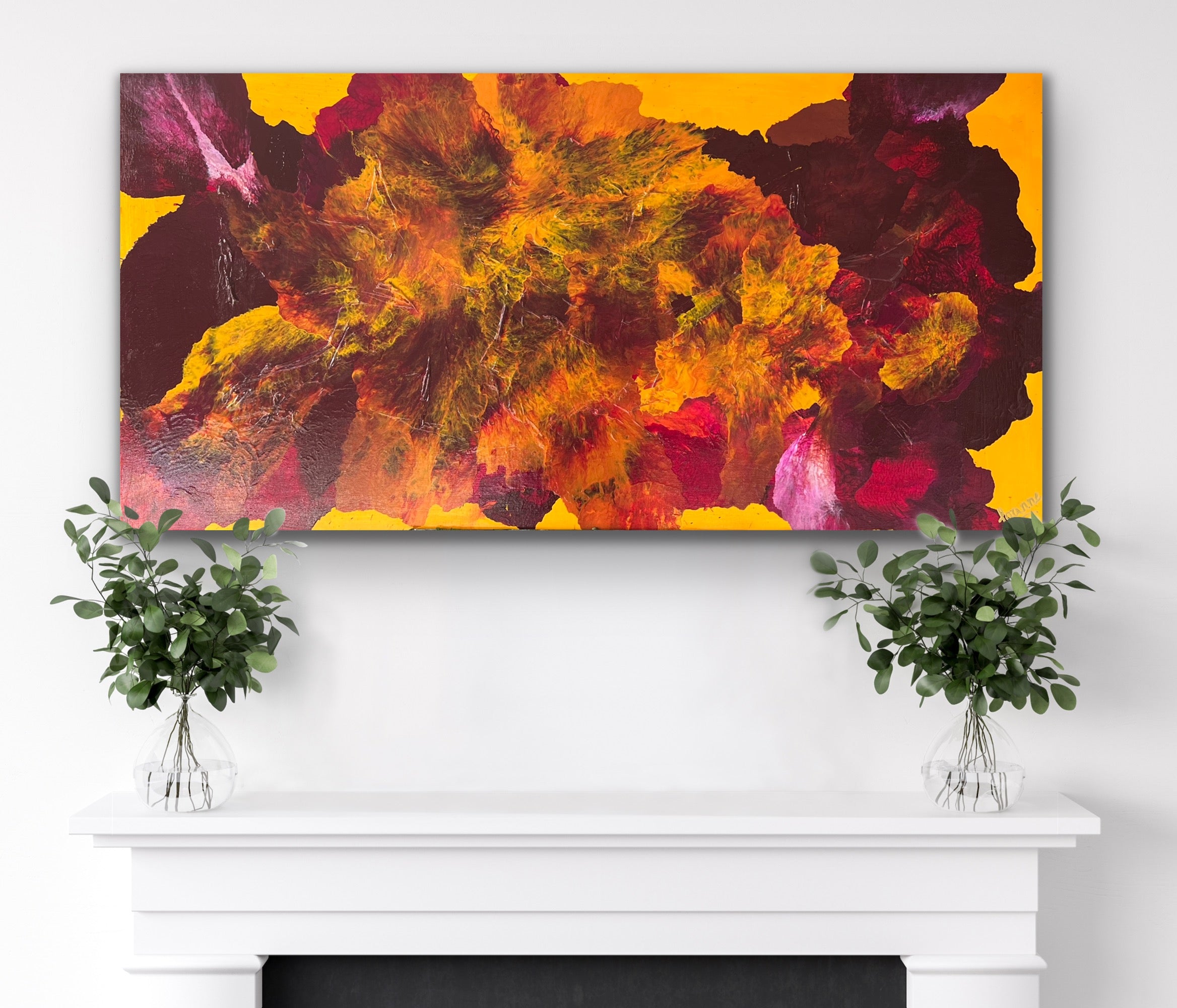 Yellow Dianthus Paradise 122 cm x 61 cm Yellow Pink Textured Abstract Painting