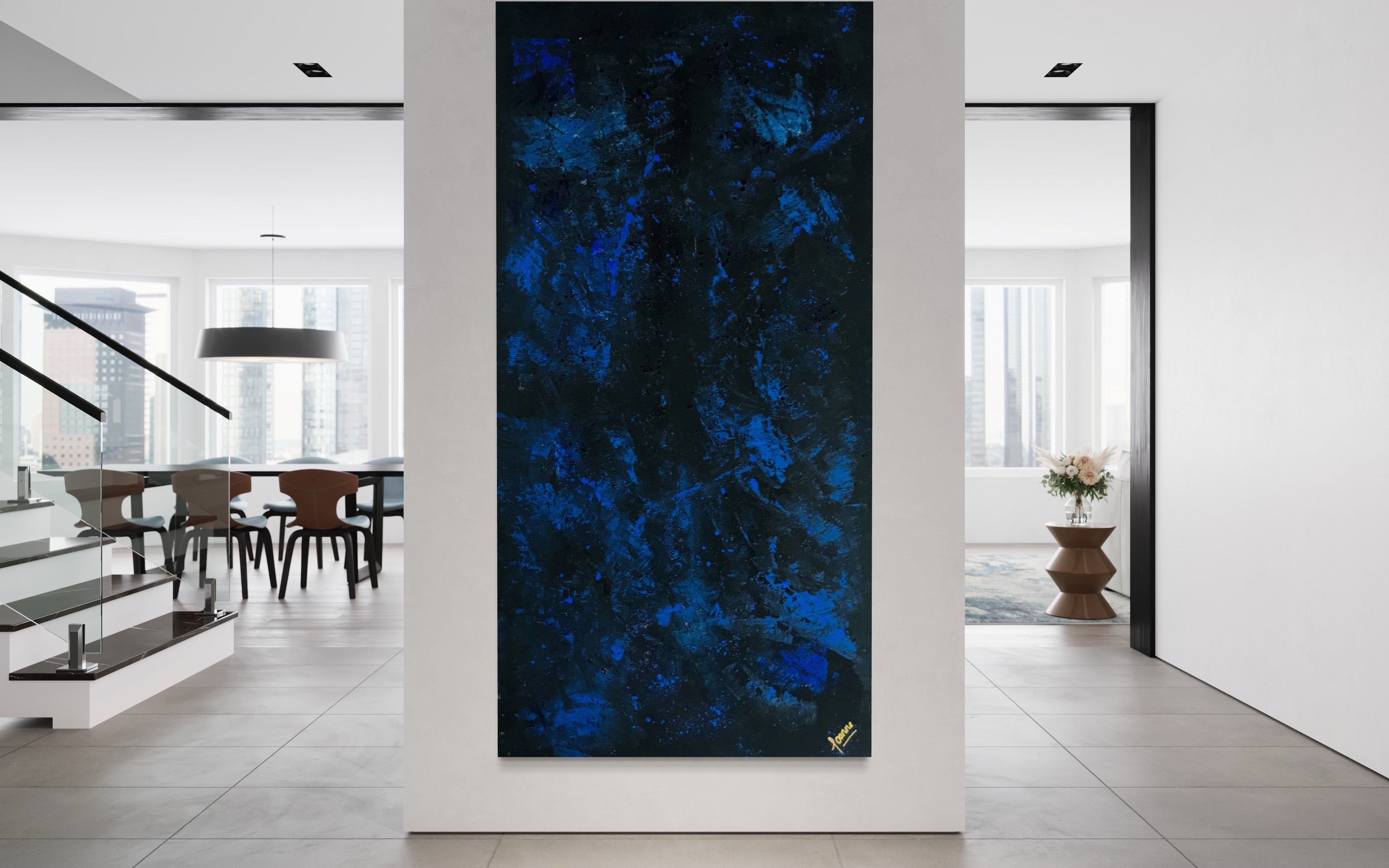 Midnight Sky 91 cm x 183 cm Blue Black Textured Abstract Painting by Joanne Daniel