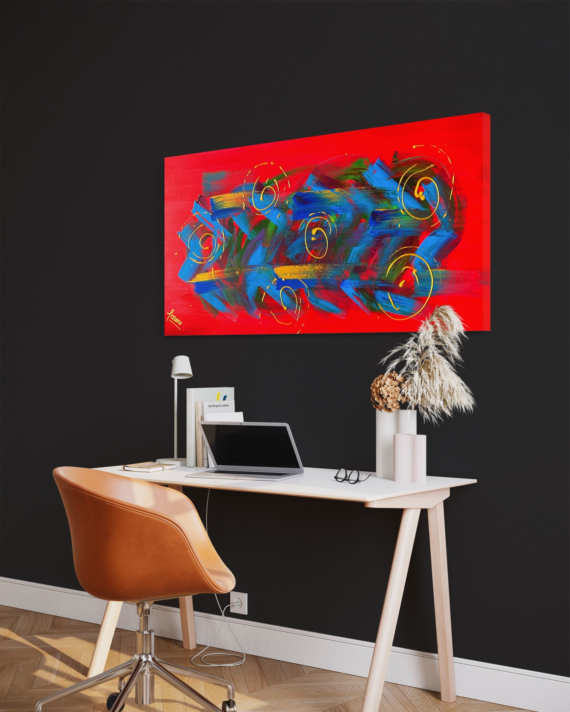 Blooming Lantana 61cm x 122cm Red Blue Gold Textured Abstract Painting