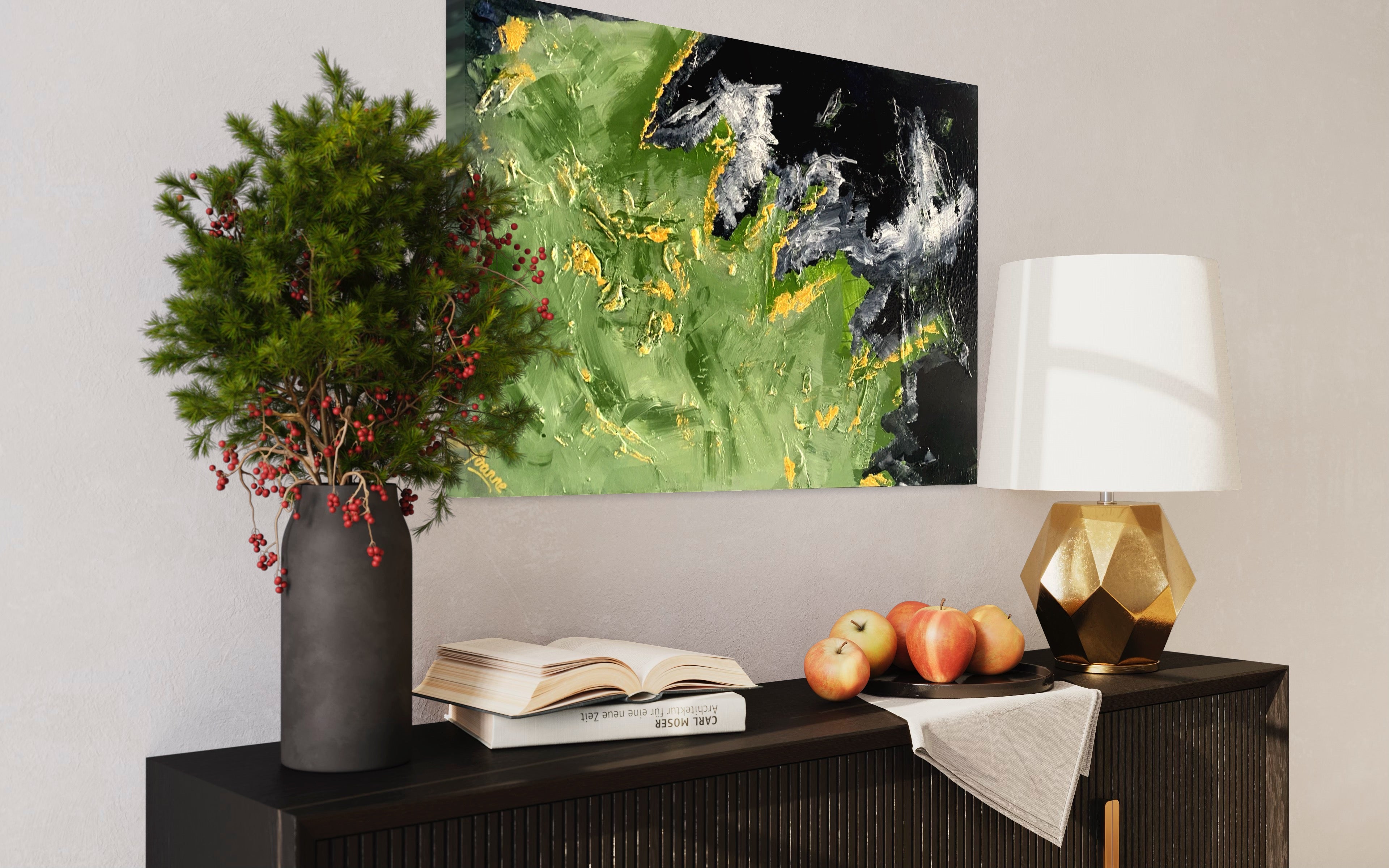 Alpine Mountains 93 cm x 61 cm Black Green Textured Abstract Painting Abstract by Australian Artist Joanne Daniel