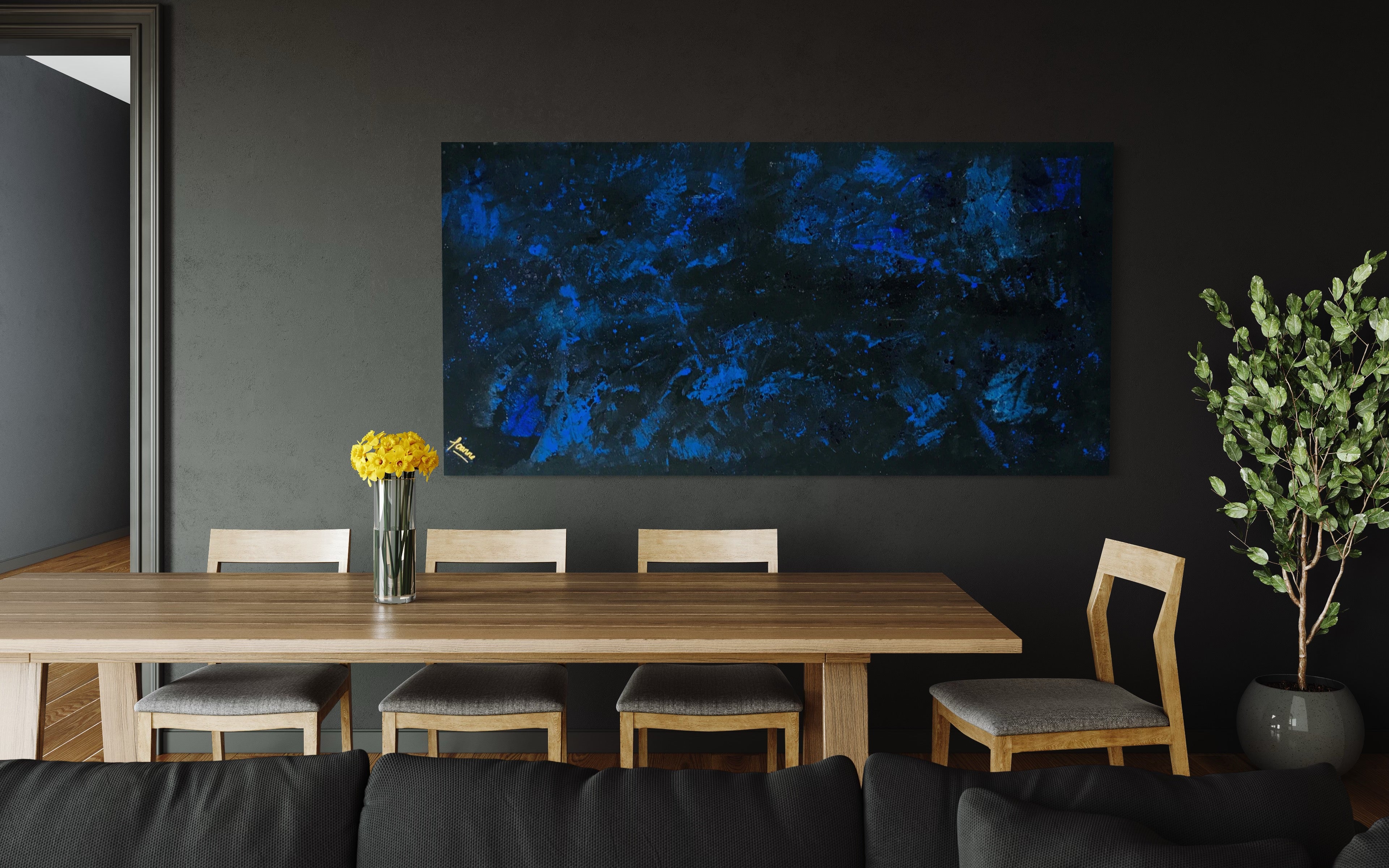 Midnight Sky 91 cm x 183 cm Blue Black Textured Abstract Painting by Joanne Daniel