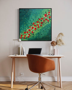 Red Rose Field 91 cm x 91 cm Red Green Textured Abstract Painting by Joanne Daniel