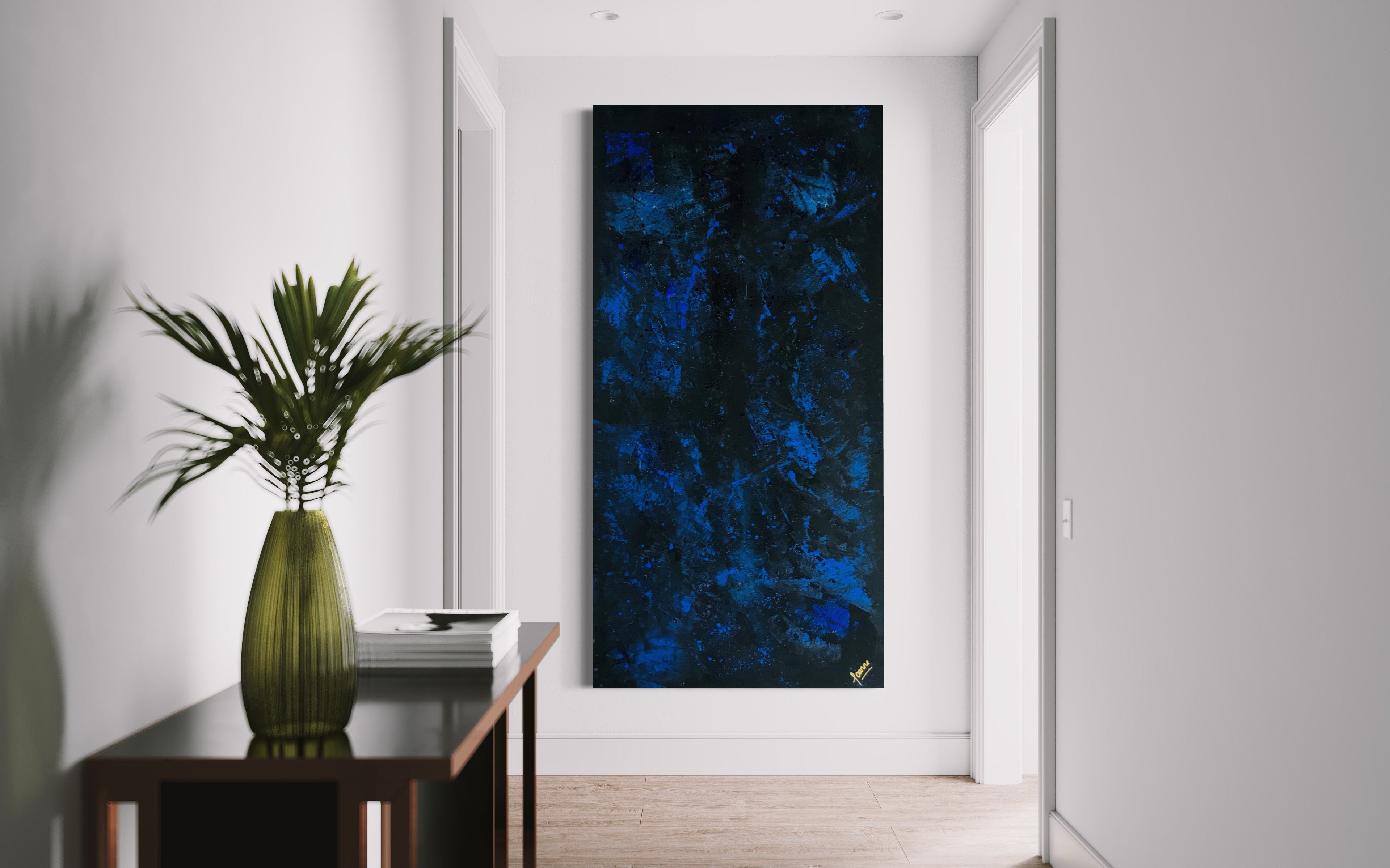 Midnight Sky 91 cm x 183 cm Blue Black Textured Abstract Painting by Joanne Daniel