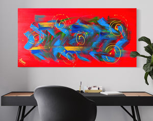 Blooming Lantana 61cm x 122cm Red Blue Gold Textured Abstract Painting