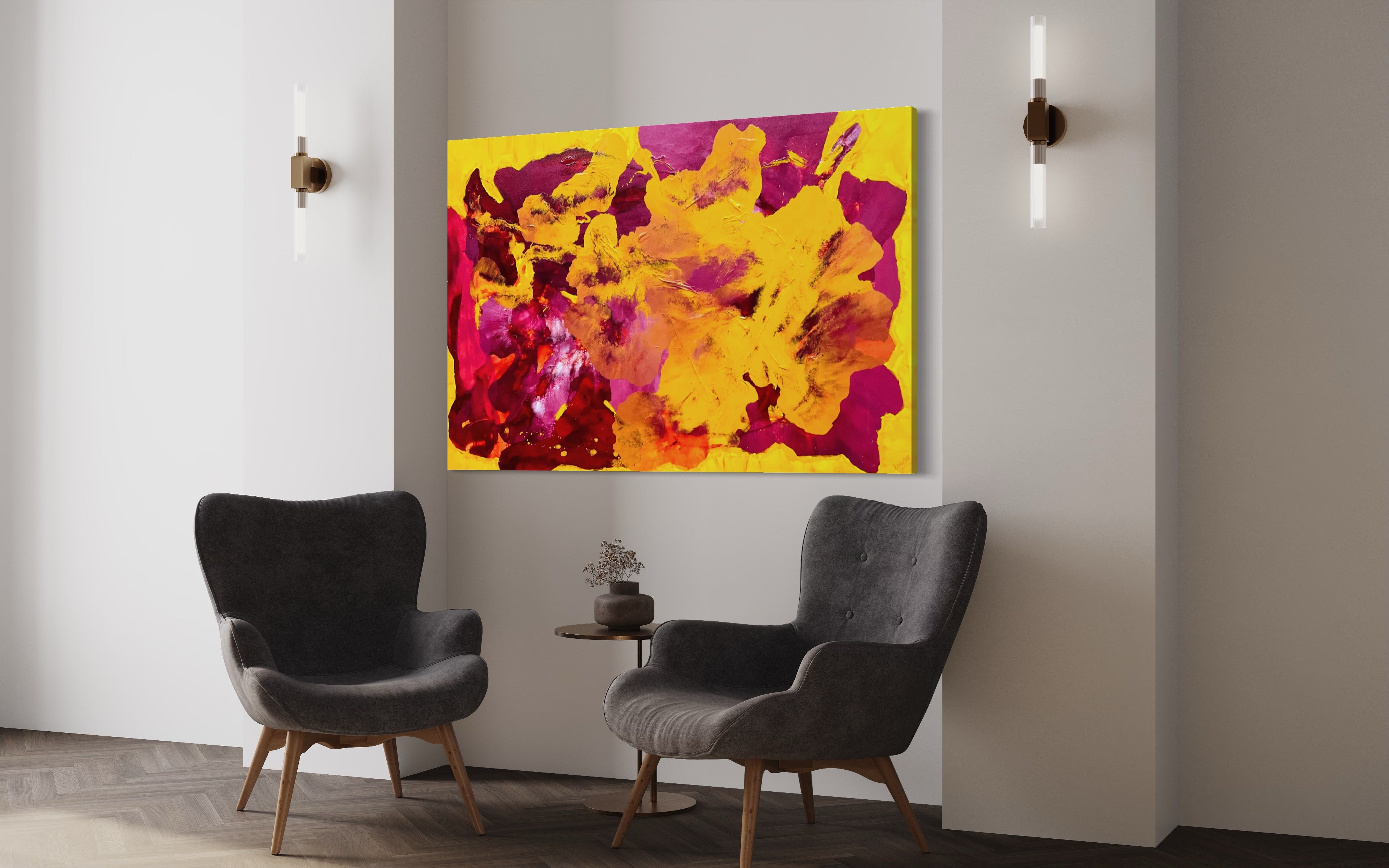 Deep Yellow Dianthus 121.8 cm x 182.8 cm Yellow Pink Textured Abstract Painting