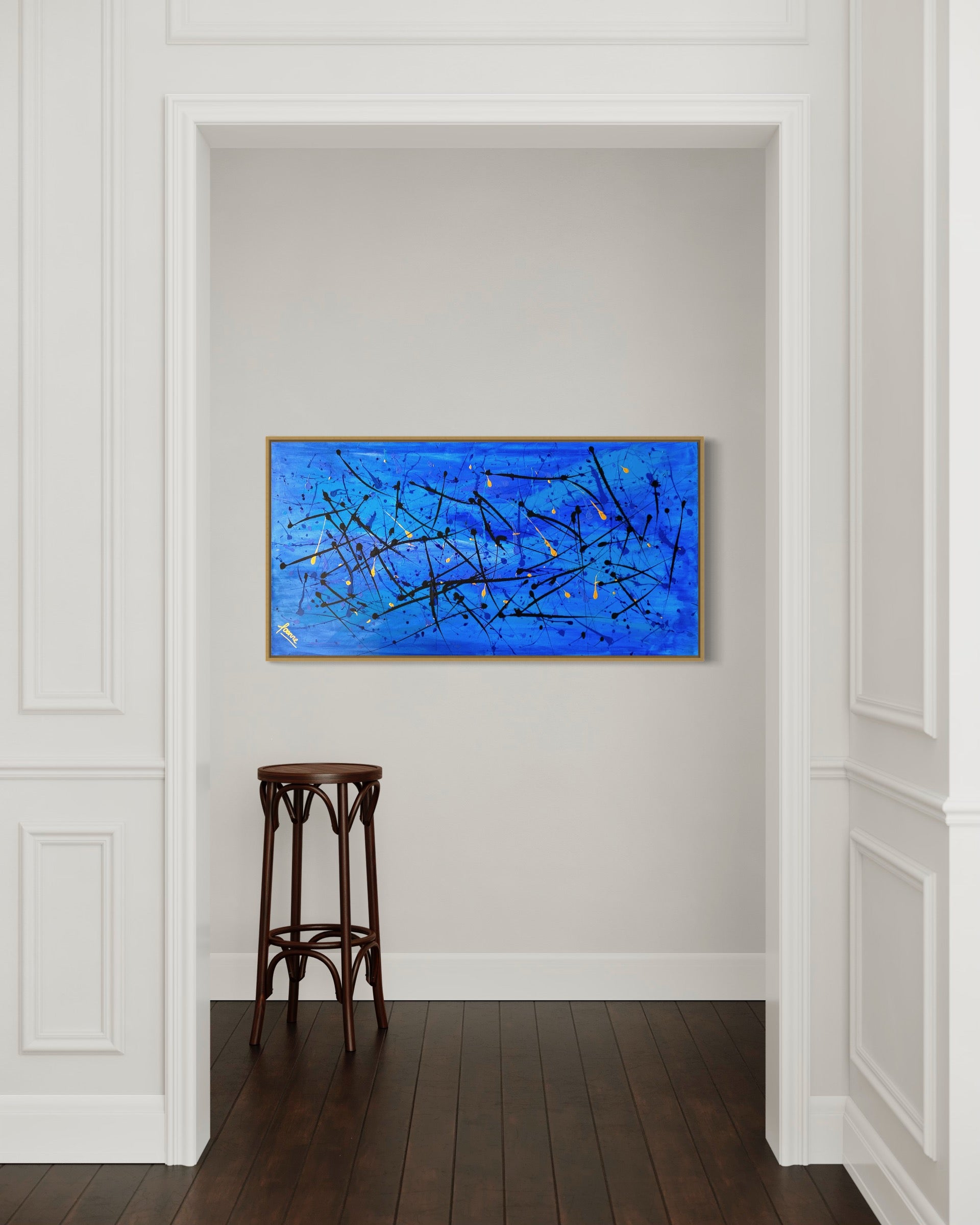 Vibrant Coral Sea 61cm x 122 cm blue Gold Black Textured Abstract Painting