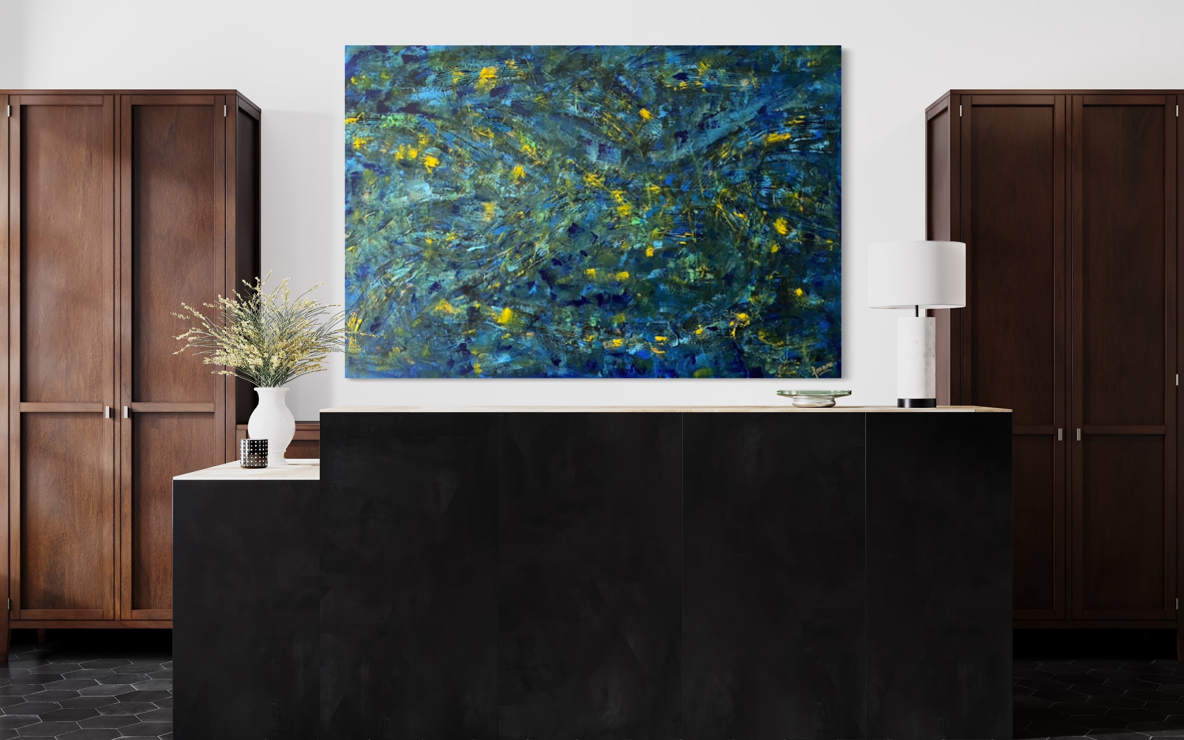 Prussian Blue Splash 121.8cm x 182.8cm Blue Textured Abstract Painting