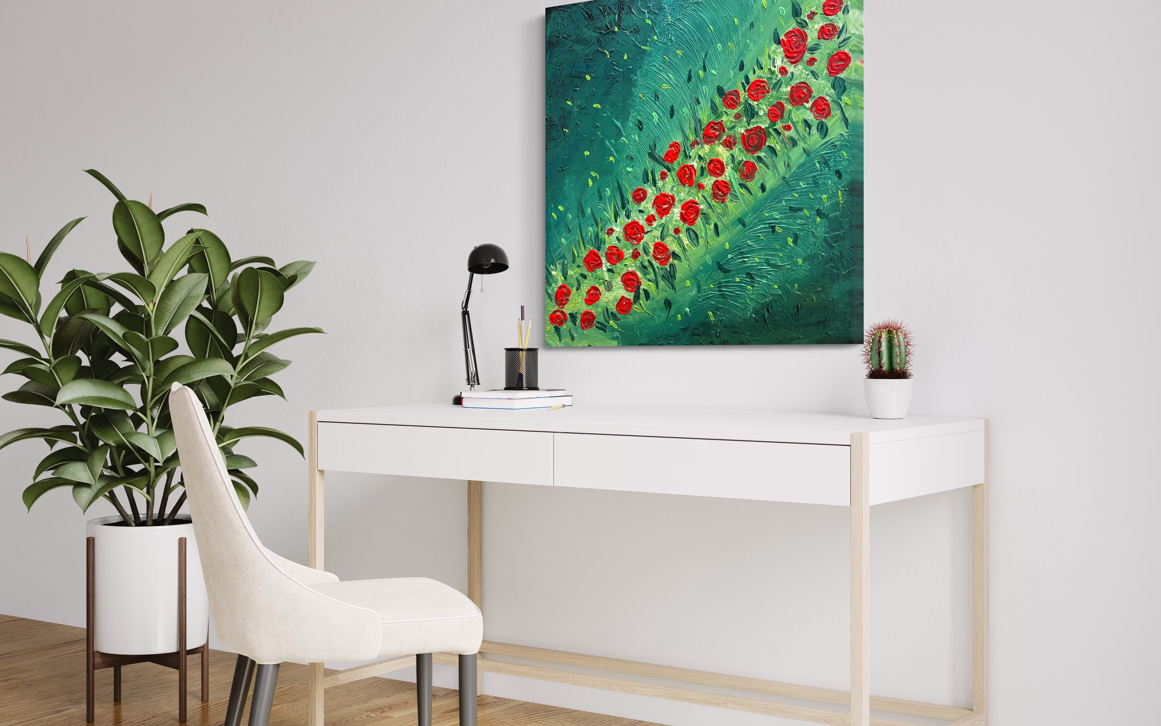 Red Rose Field 91 cm x 91 cm Red Green Textured Abstract Painting by Joanne Daniel