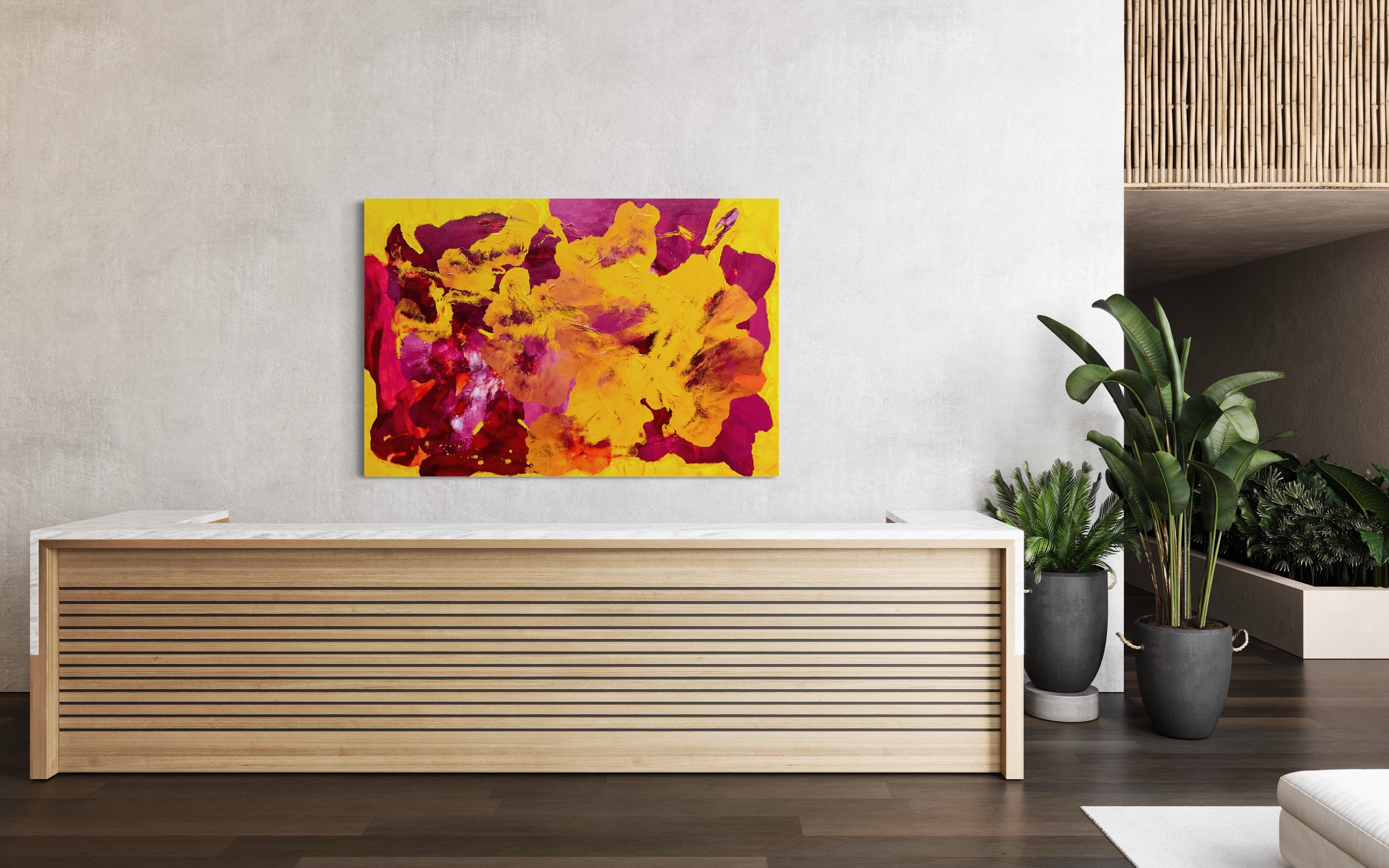 Deep Yellow Dianthus 121.8 cm x 182.8 cm Yellow Pink Textured Abstract Painting