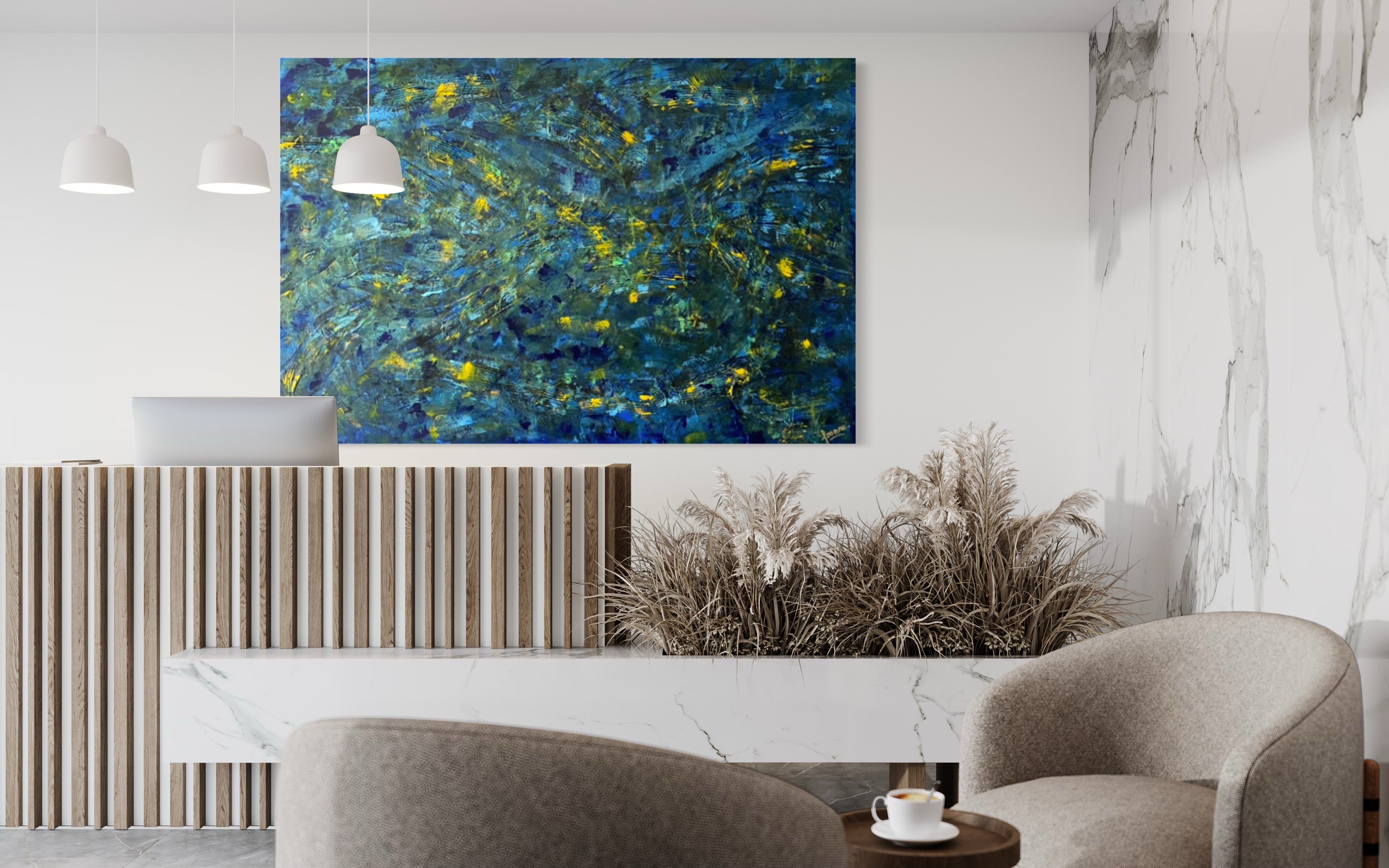 Prussian Blue Splash 121.8cm x 182.8cm Blue Textured Abstract Painting