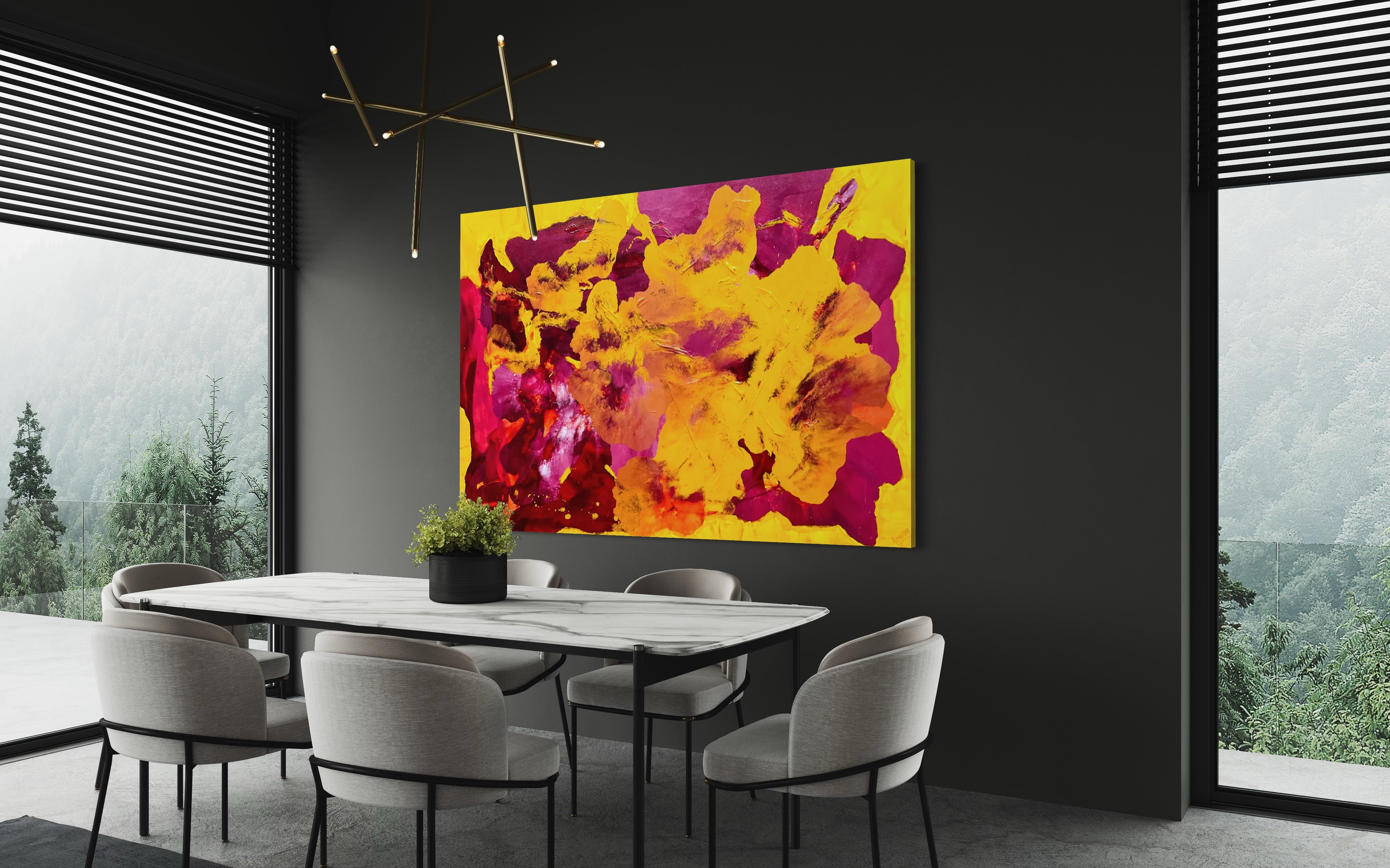 Deep Yellow Dianthus 121.8 cm x 182.8 cm Yellow Pink Textured Abstract Painting