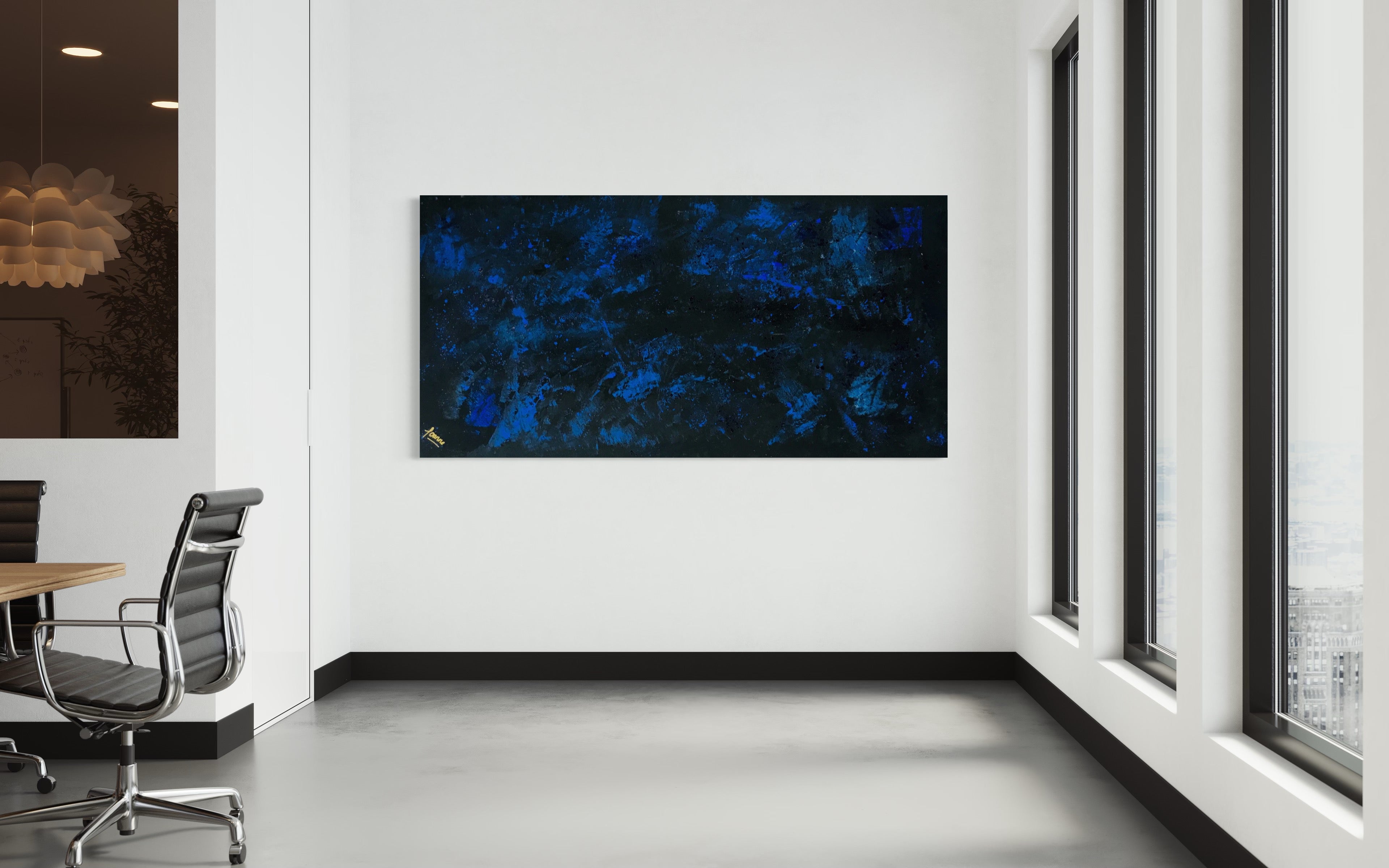 Midnight Sky 91 cm x 183 cm Blue Black Textured Abstract Painting by Joanne Daniel