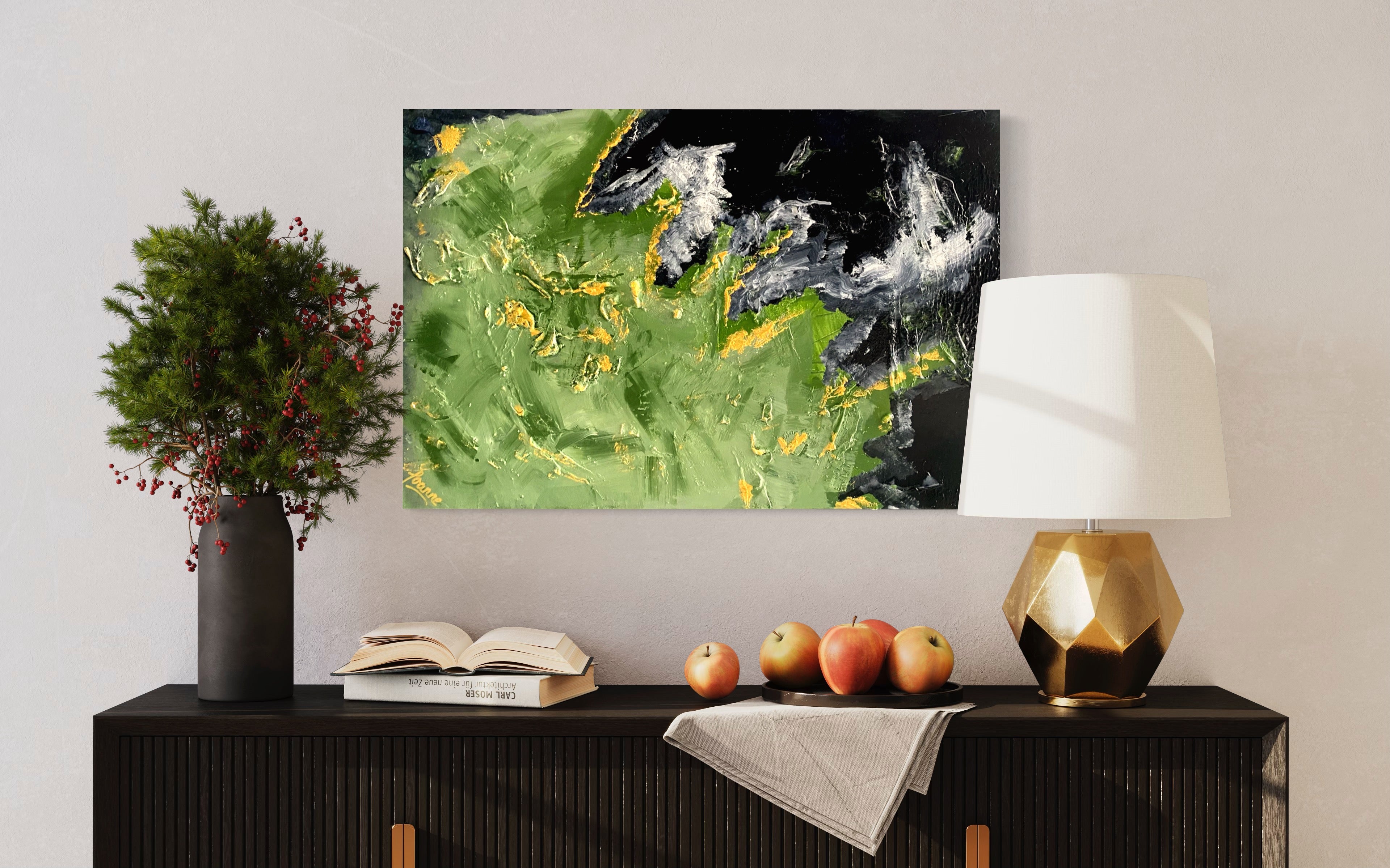 Alpine Mountains 93 cm x 61 cm Black Green Textured Abstract Painting