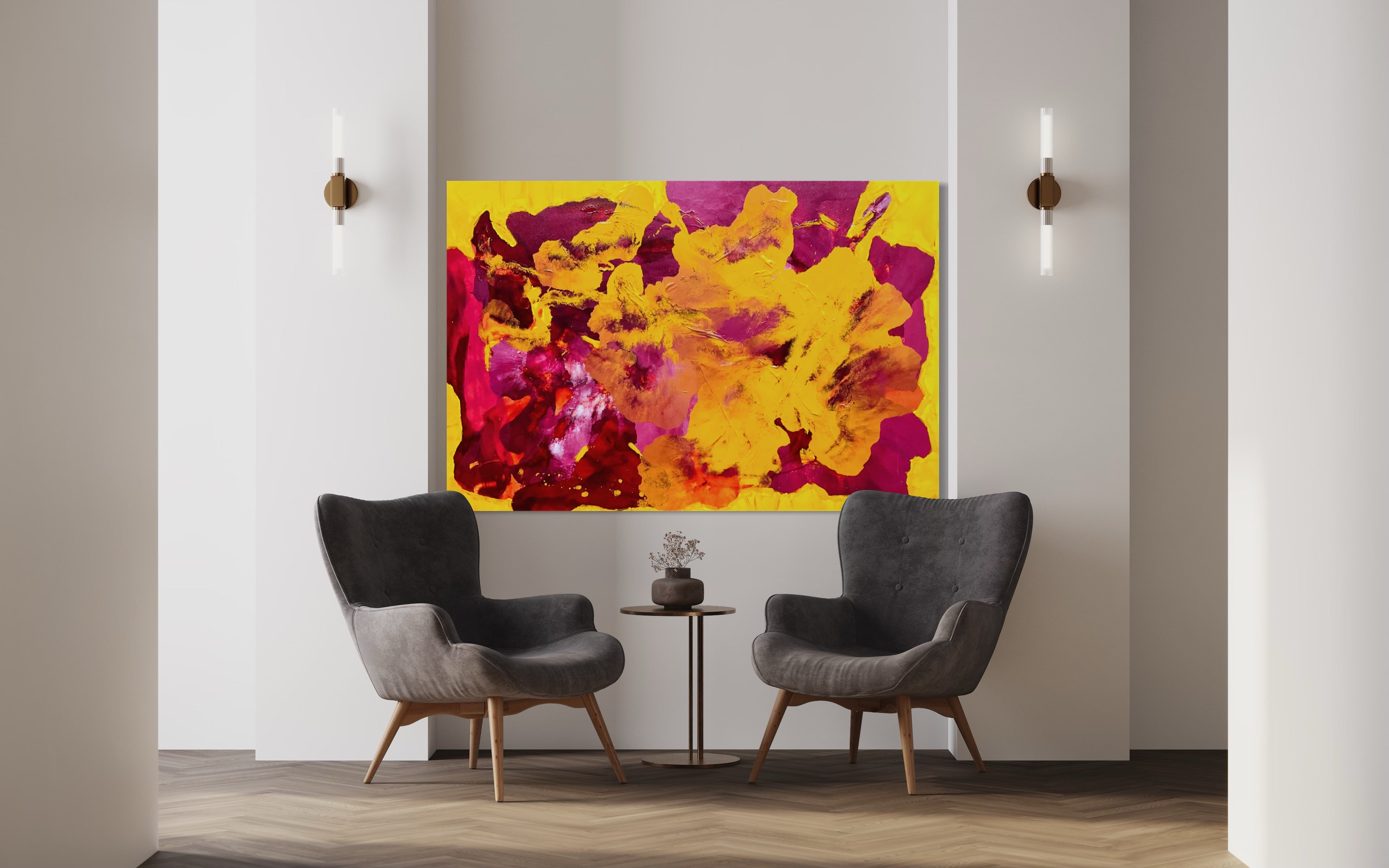 Deep Yellow Dianthus 121.8 cm x 182.8 cm Yellow Pink Textured Abstract Painting
