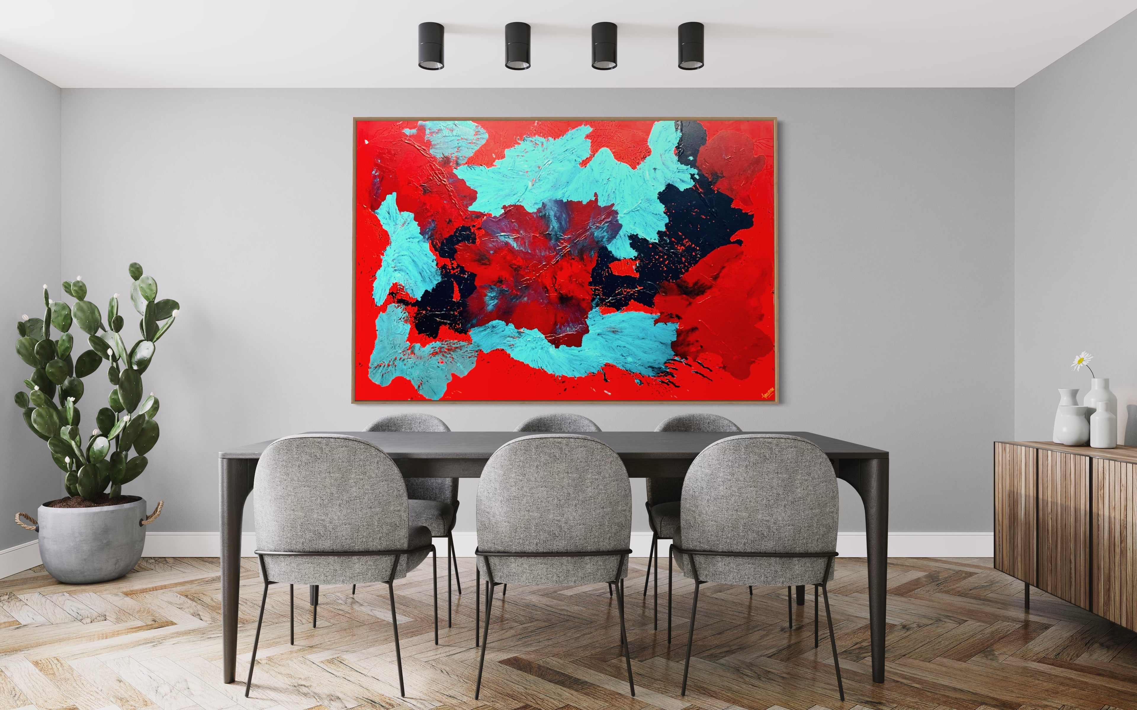 Red Carnations Burst 121.8 cm x 182.8 cm Red Blue Textured Abstract Painting